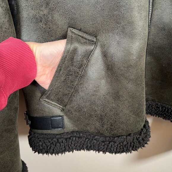 Zara Double Faced Aviator Faux Leather Jacket Size Small Green Shearling Sherpa - Picture 7 of 12